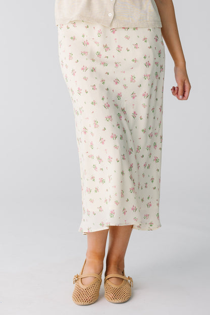Modest ivory floral A-line midi skirt
