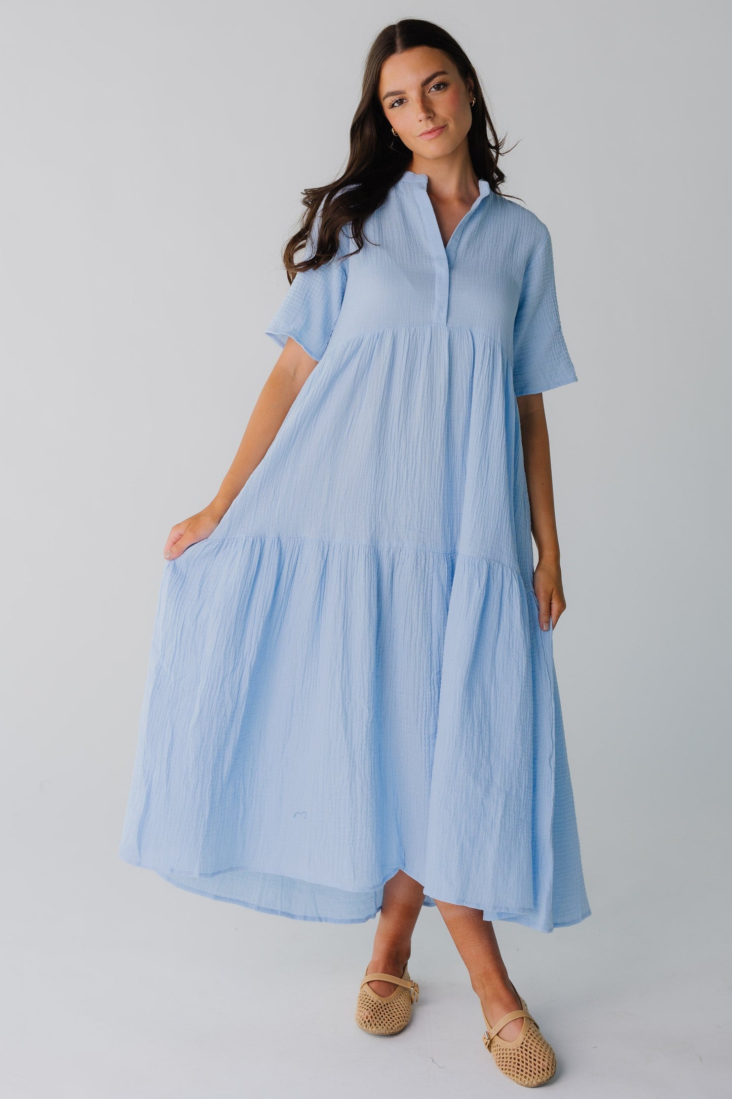 Brass & Roe Pondering Gauze Straight Sleeve Dress women's dress in light blue