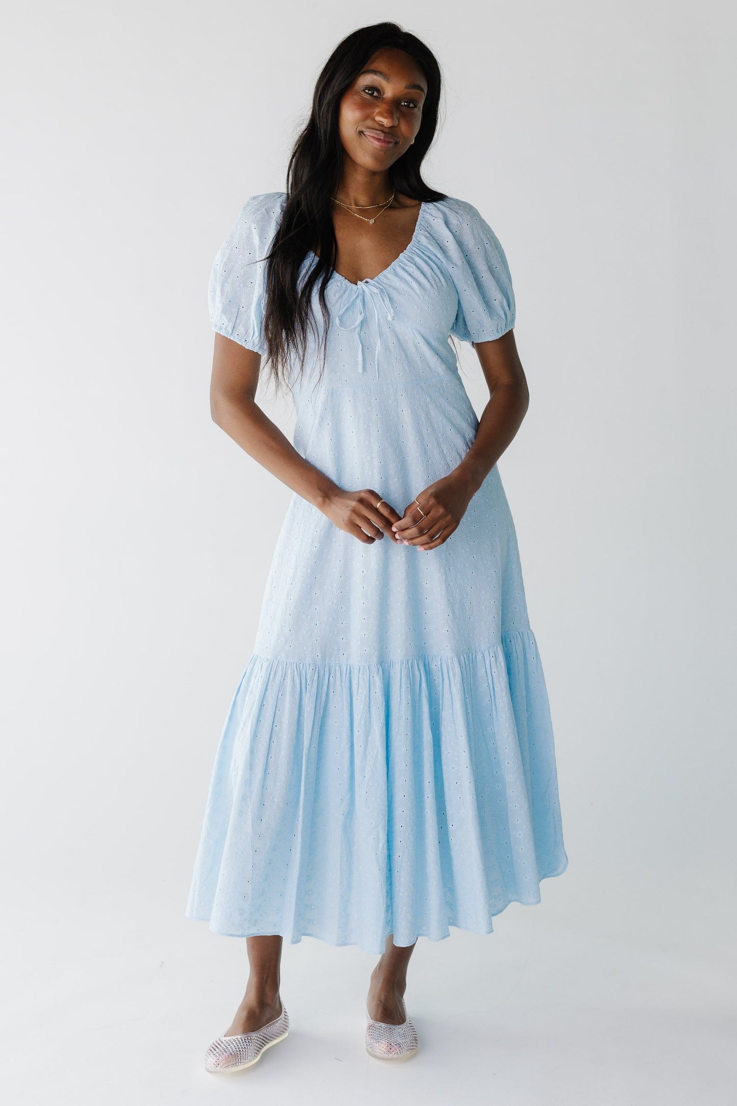 Eyelet midi in light blue with scoop neckline and short puff sleeves