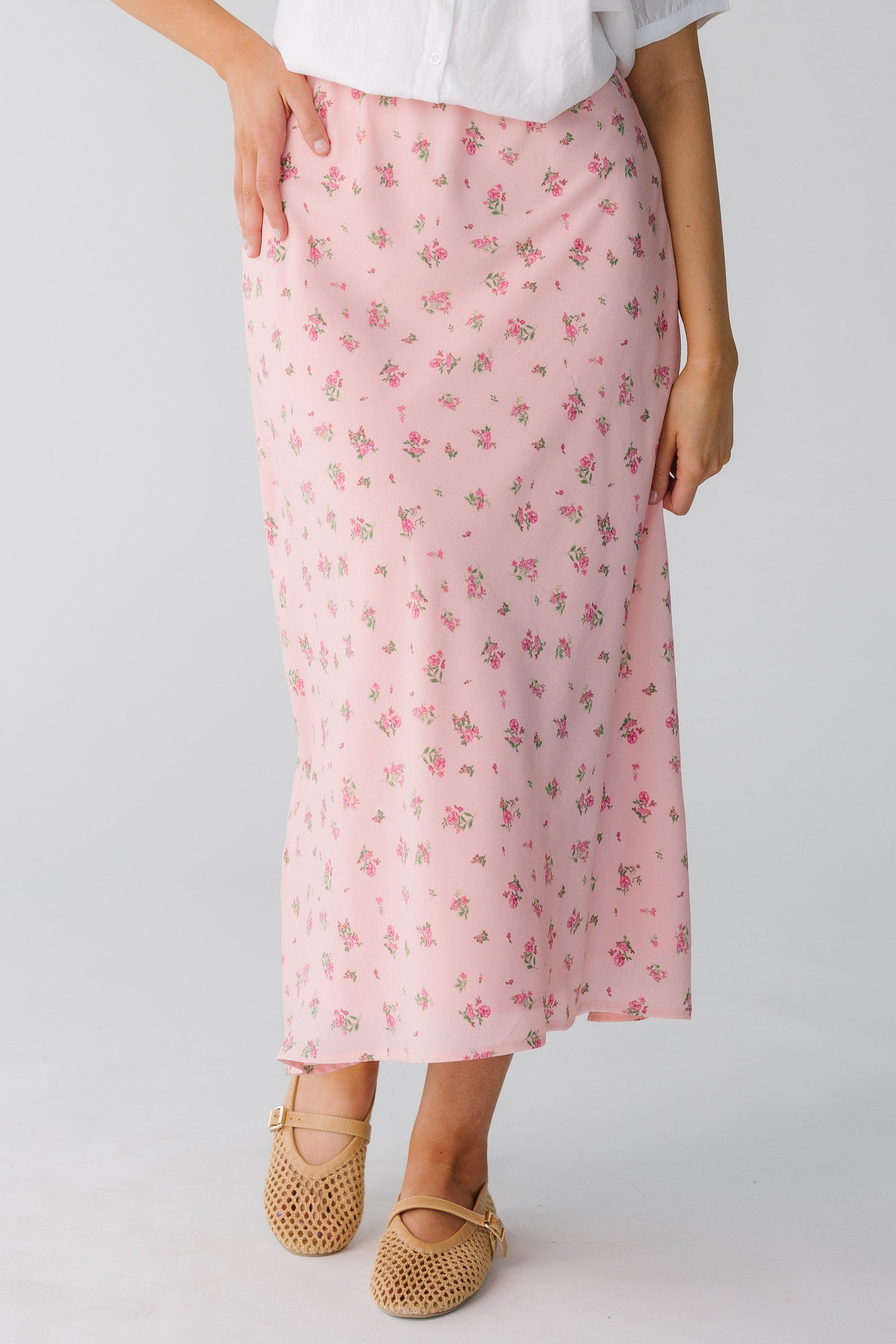 Modest pink floral midi skirt