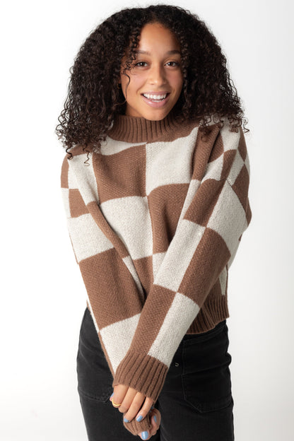 Martha Checkered Mock Sweater with large brown and tan block pattern