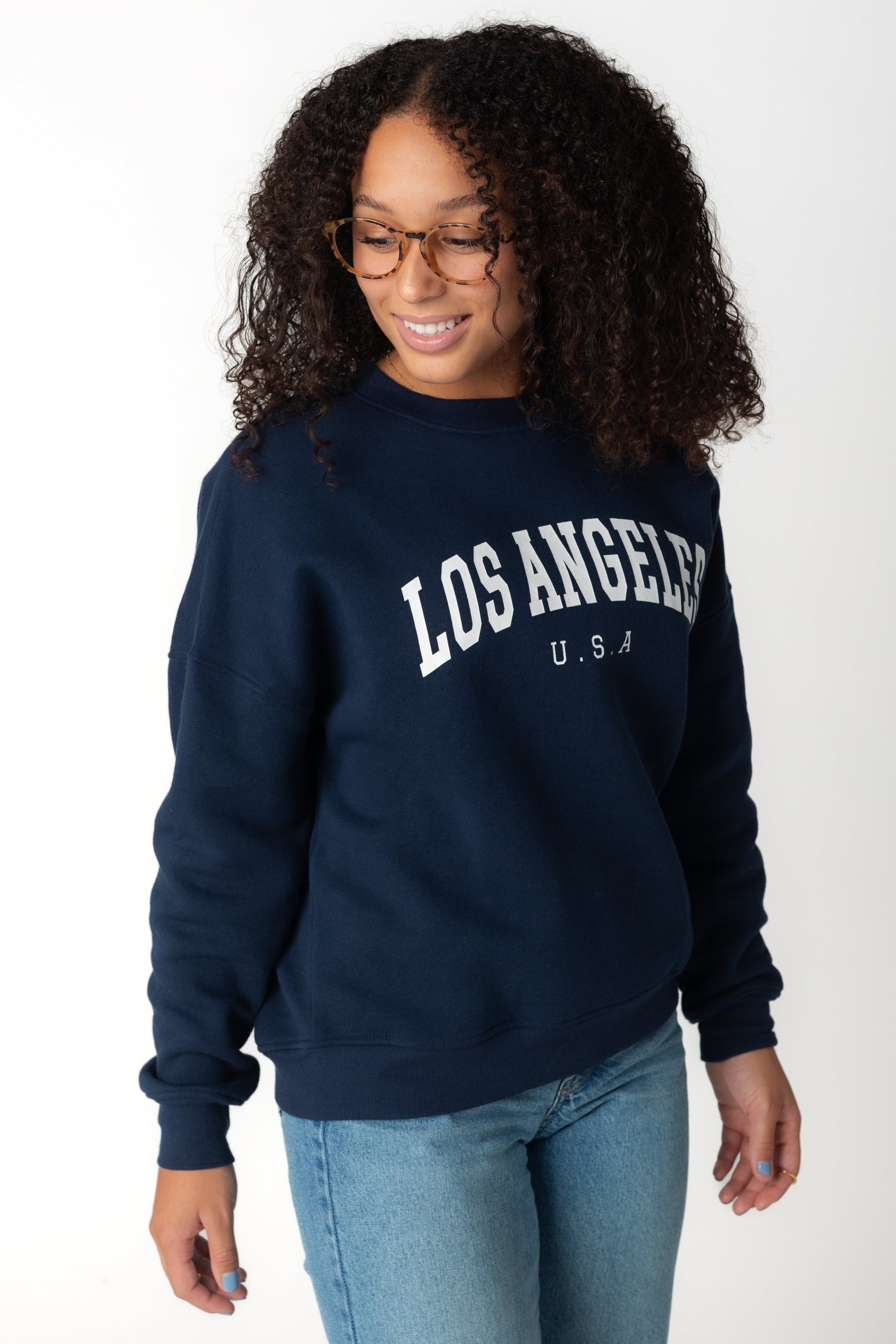 Los Angeles Crew Neck Sweatshirt Modest navy graphic long sleeve sweatshirt