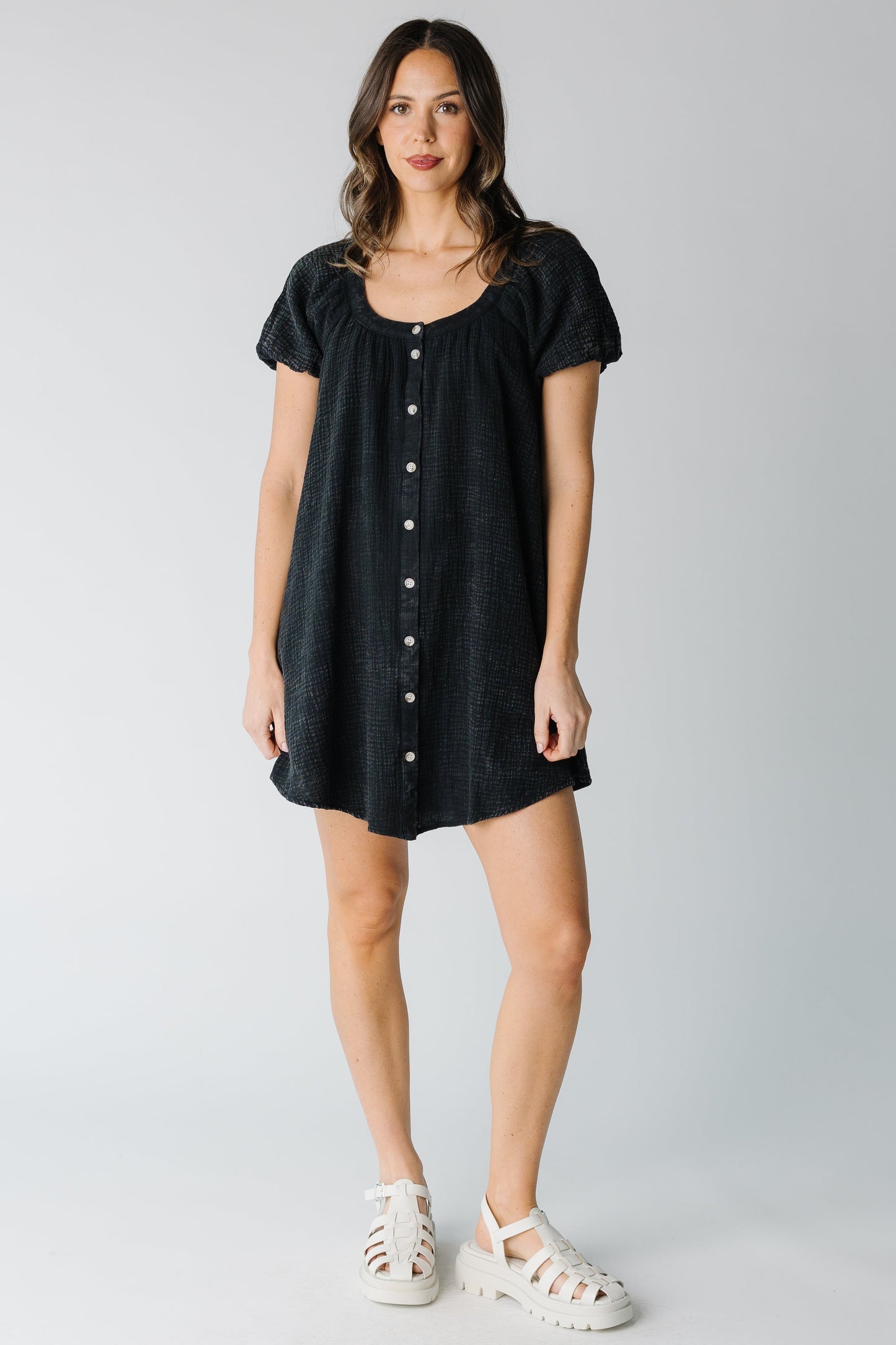 Washed black button down textured dress 