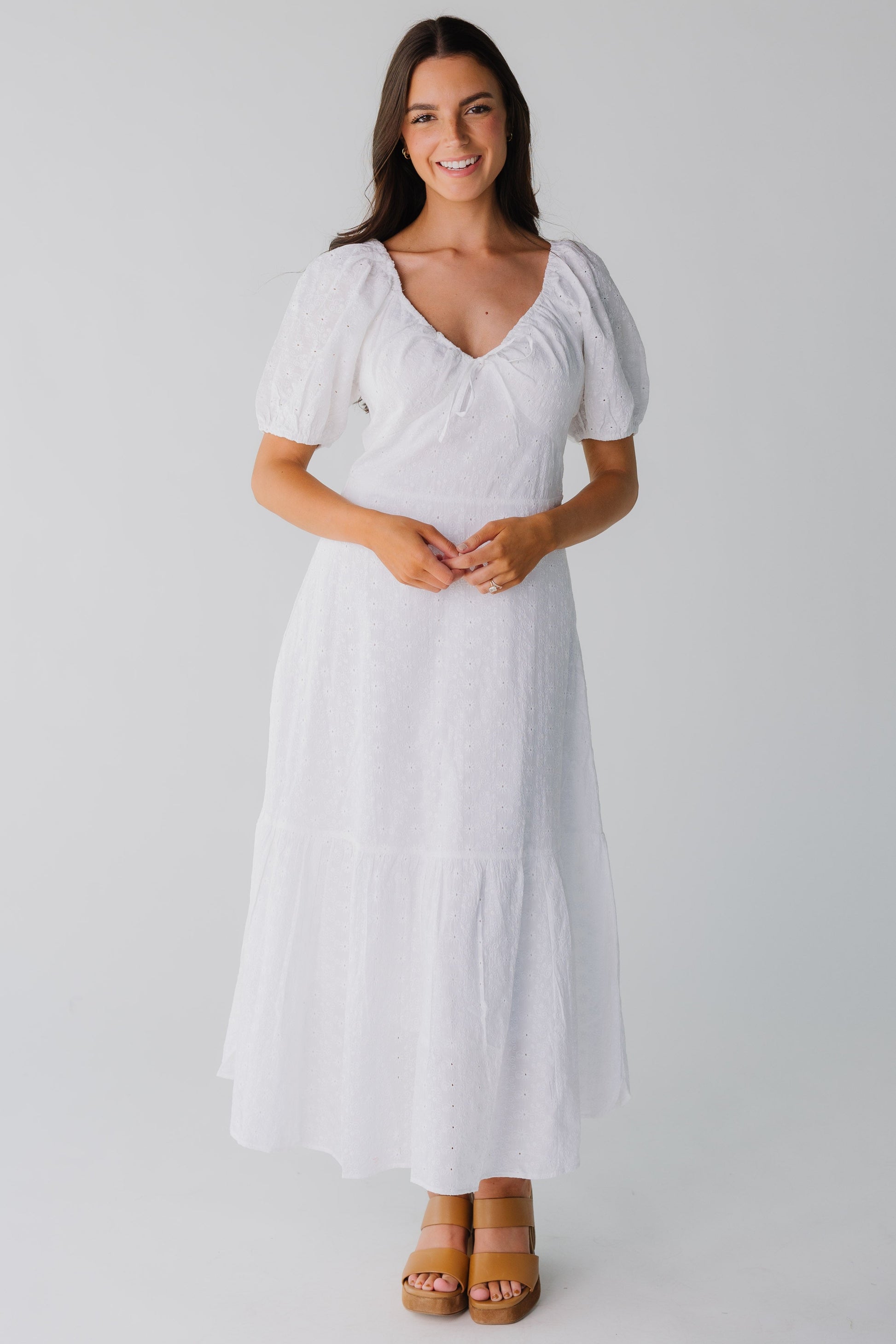 white cotton eyelet puff sleeve midi dress White Cotton Eyelet Puff Sleeve Midi Dress FARM Rio