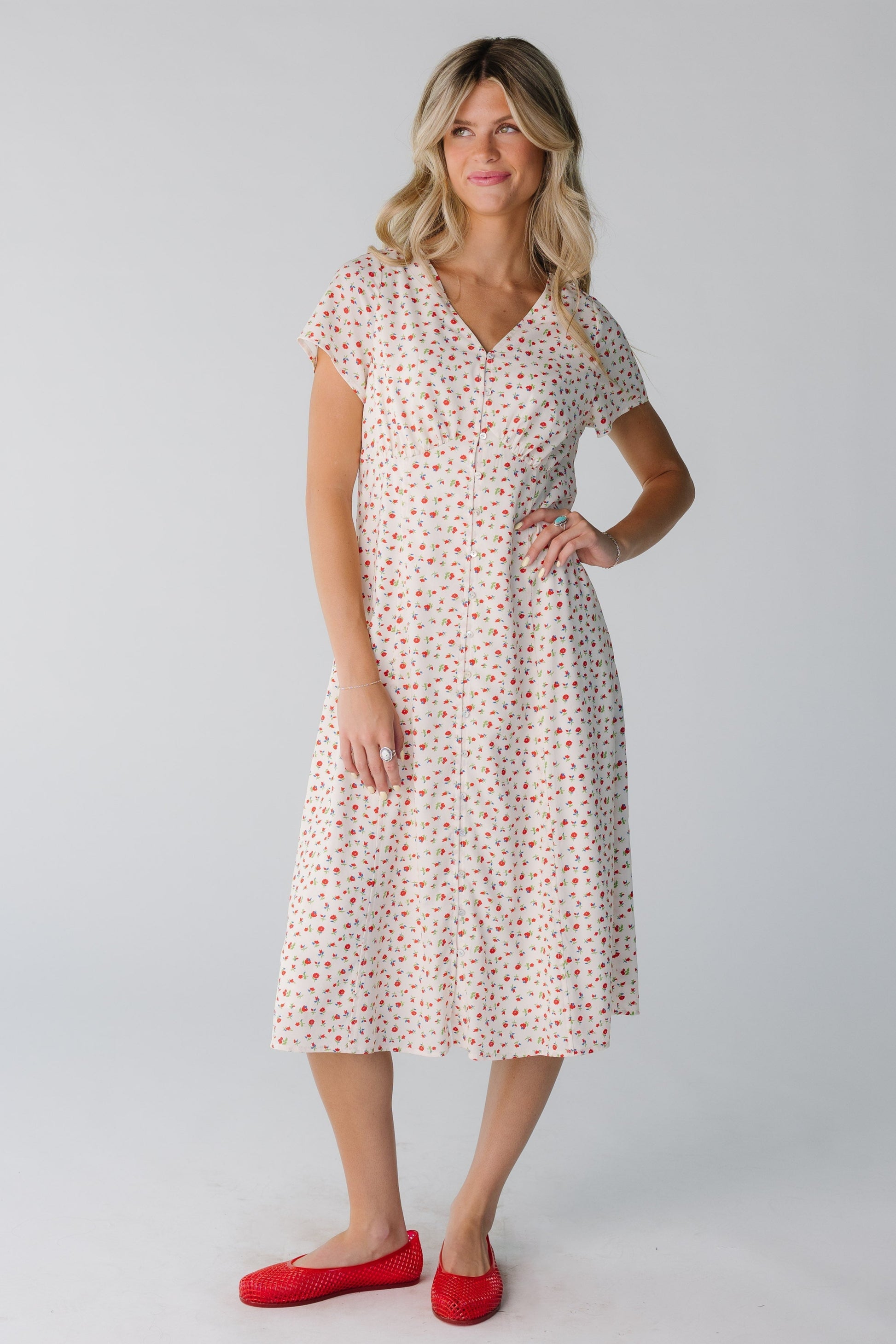 Cream print button down midi with short sleeves