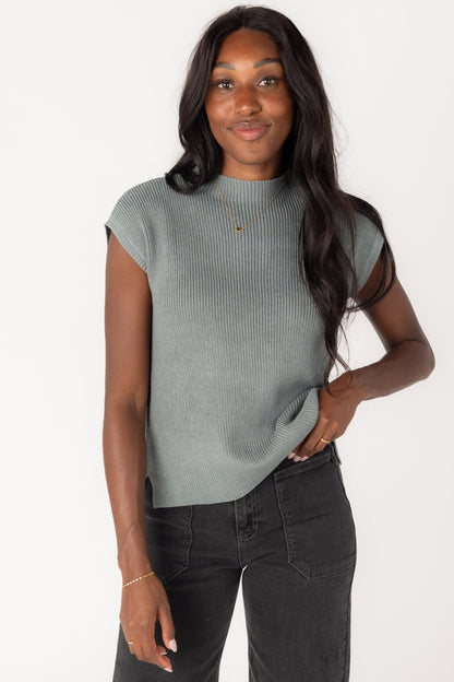 Modest ribbed soft sweater with mock turtleneck and short sleeves