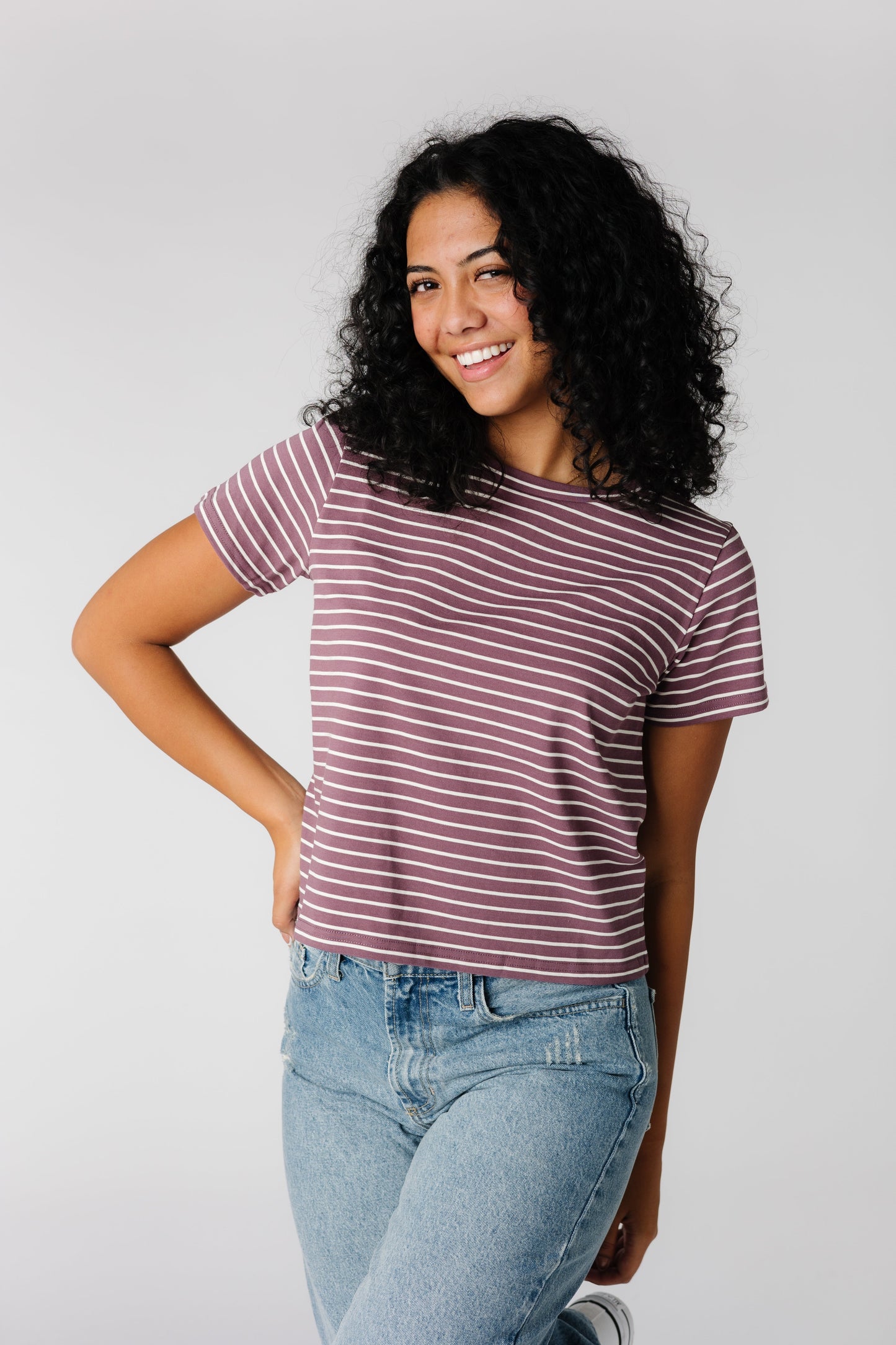 Modest plum tee with white stripes and short sleeves