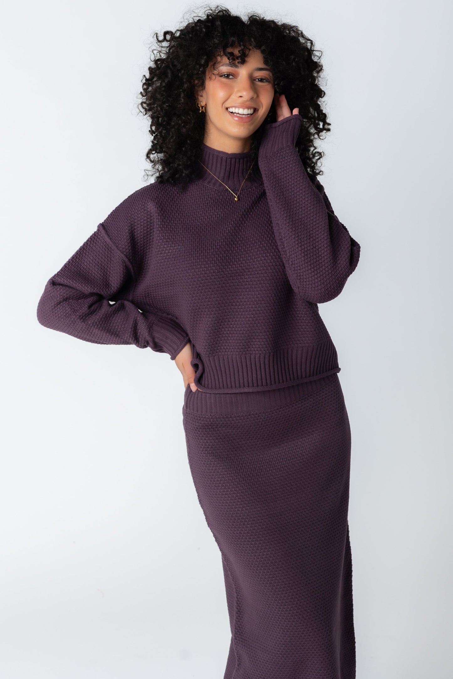 2 piece textured sweater and skirt set in plum