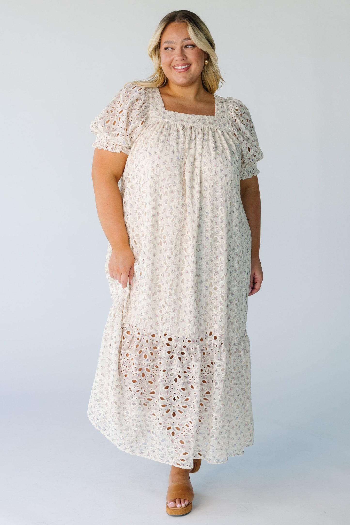 Modest plus size midi in eyelet with square neckline and short puff sleeves