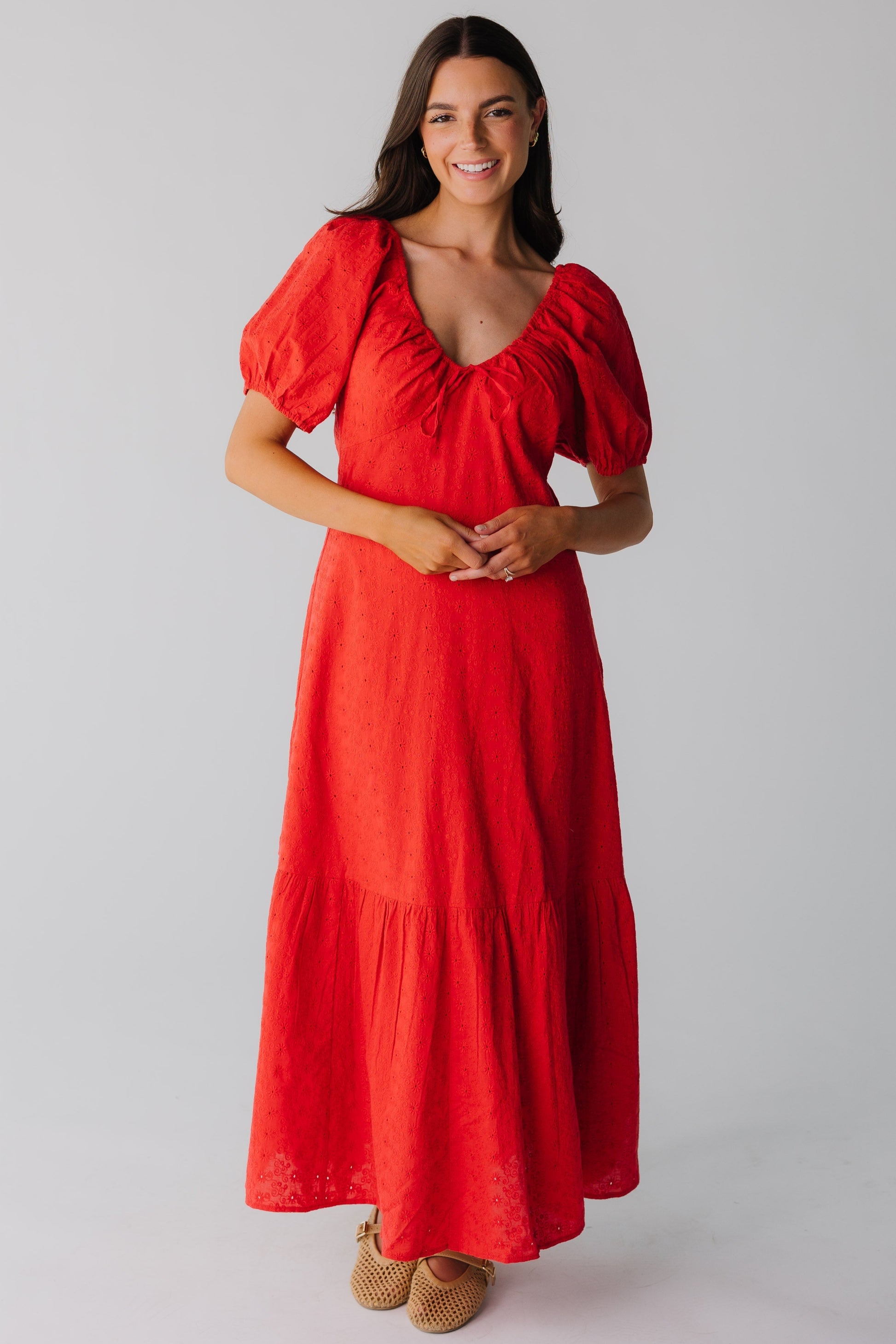 Women Citrus Citrus Alba Eyelet Midi Dress Red / XS Women Citrus Citrus Alba Eyelet Midi Dress Red / XS