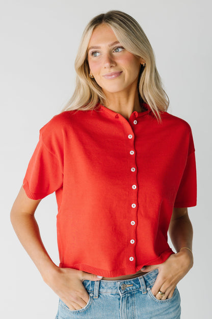 Modest red button down top with short sleeves with rolled collar