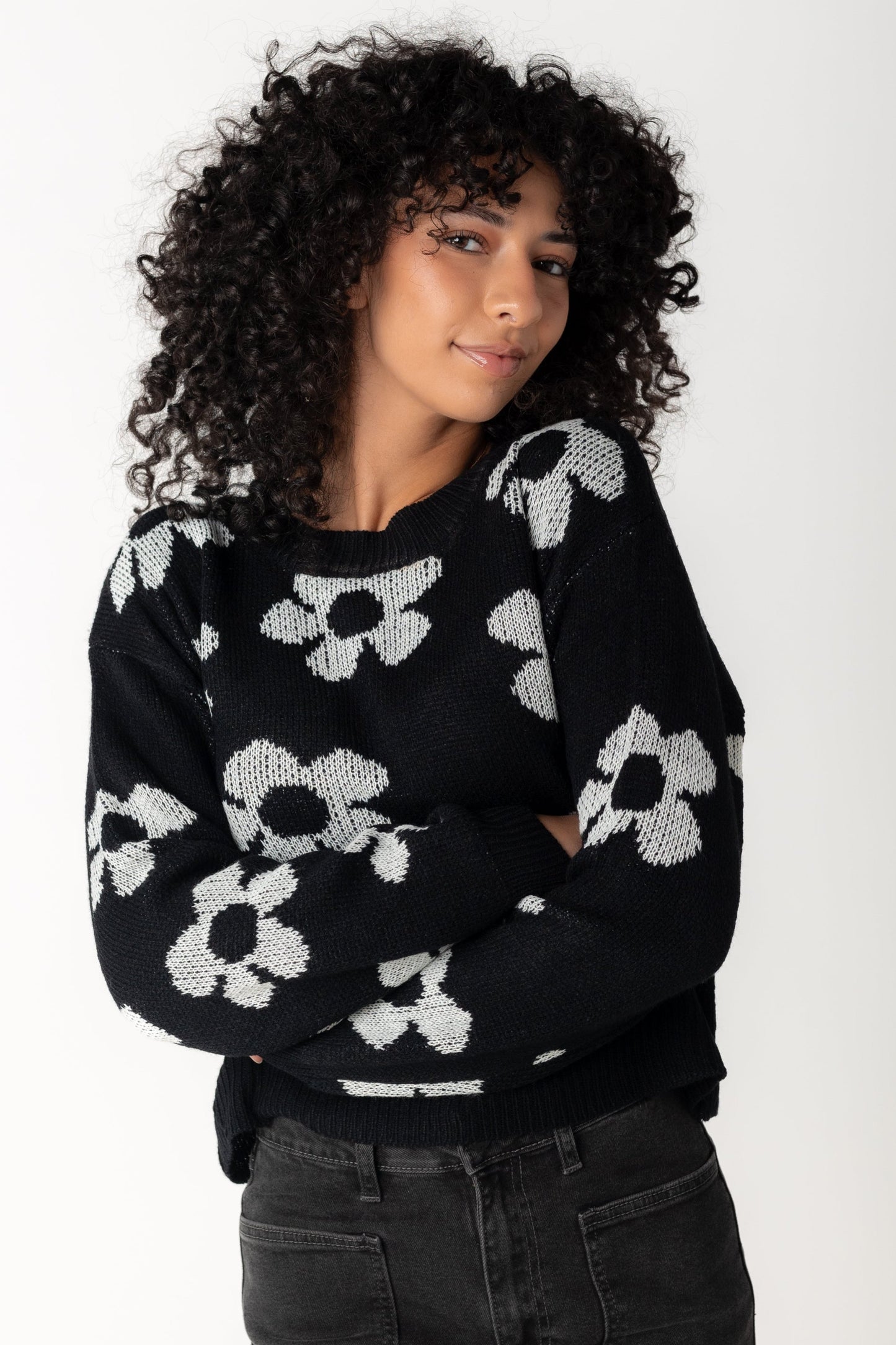 Black sweater with retro floral pattern