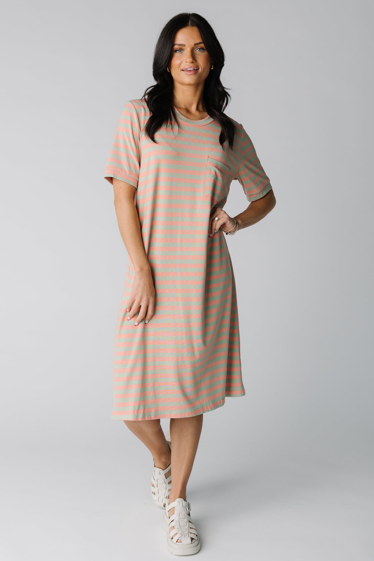 Brass & Roe All Day T-Shirt Dress in peach/sage