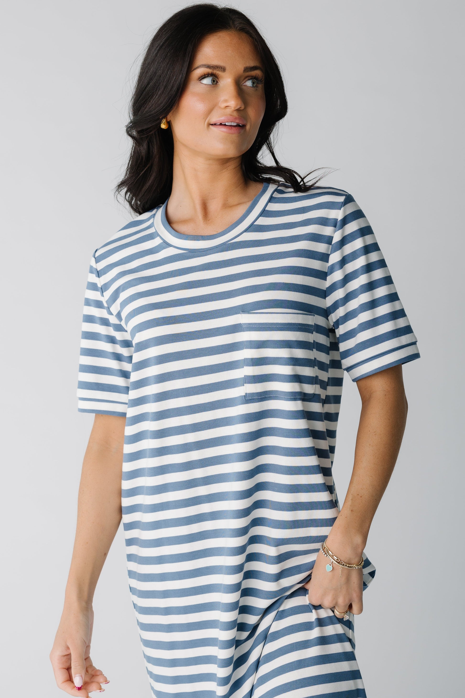 Modest Brass & Roe t-shirt dress in blue and white with crew neckline and short sleeves