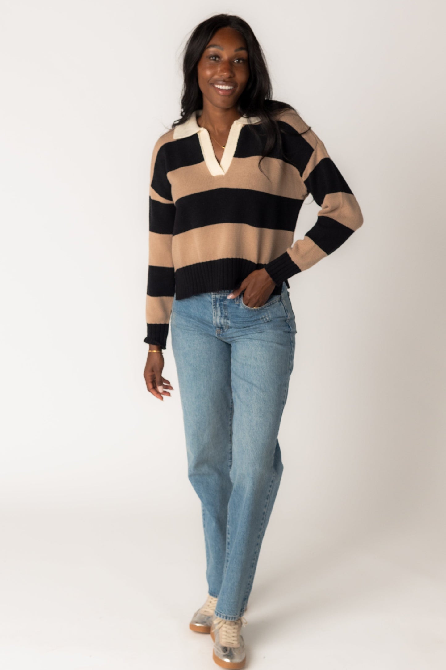 Brianna Stripe Collared Knit Sweater WOMEN'S SWEATERS Blu Pepper 