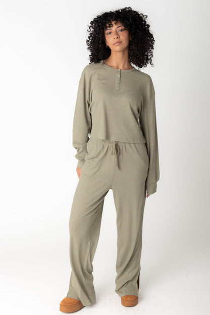 Modest lounge set in olive with long sleeves and full length pant