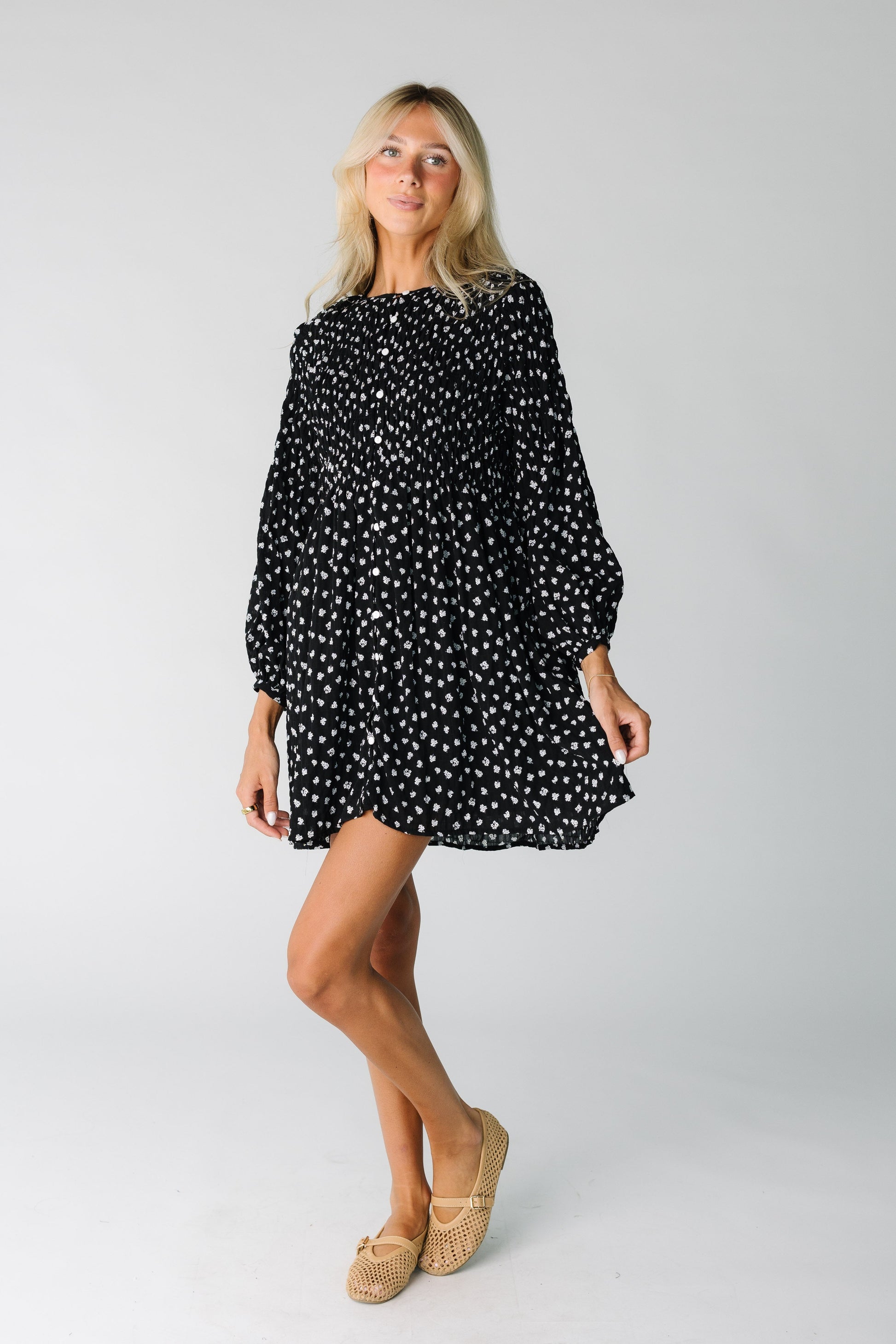 Woman wearing a loose fitting dress 