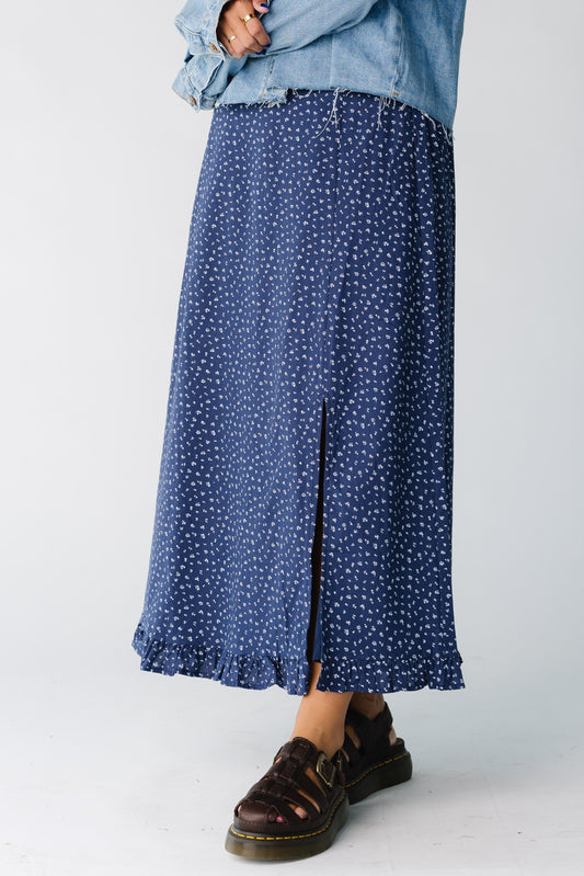 Modest women and teens navy floral midi skirt with ruffle hem