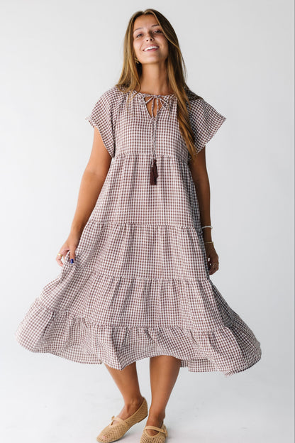 Brass & Roe Elmina Gingham Dress WOMEN'S DRESS brass & roe Brown Gingham XS 