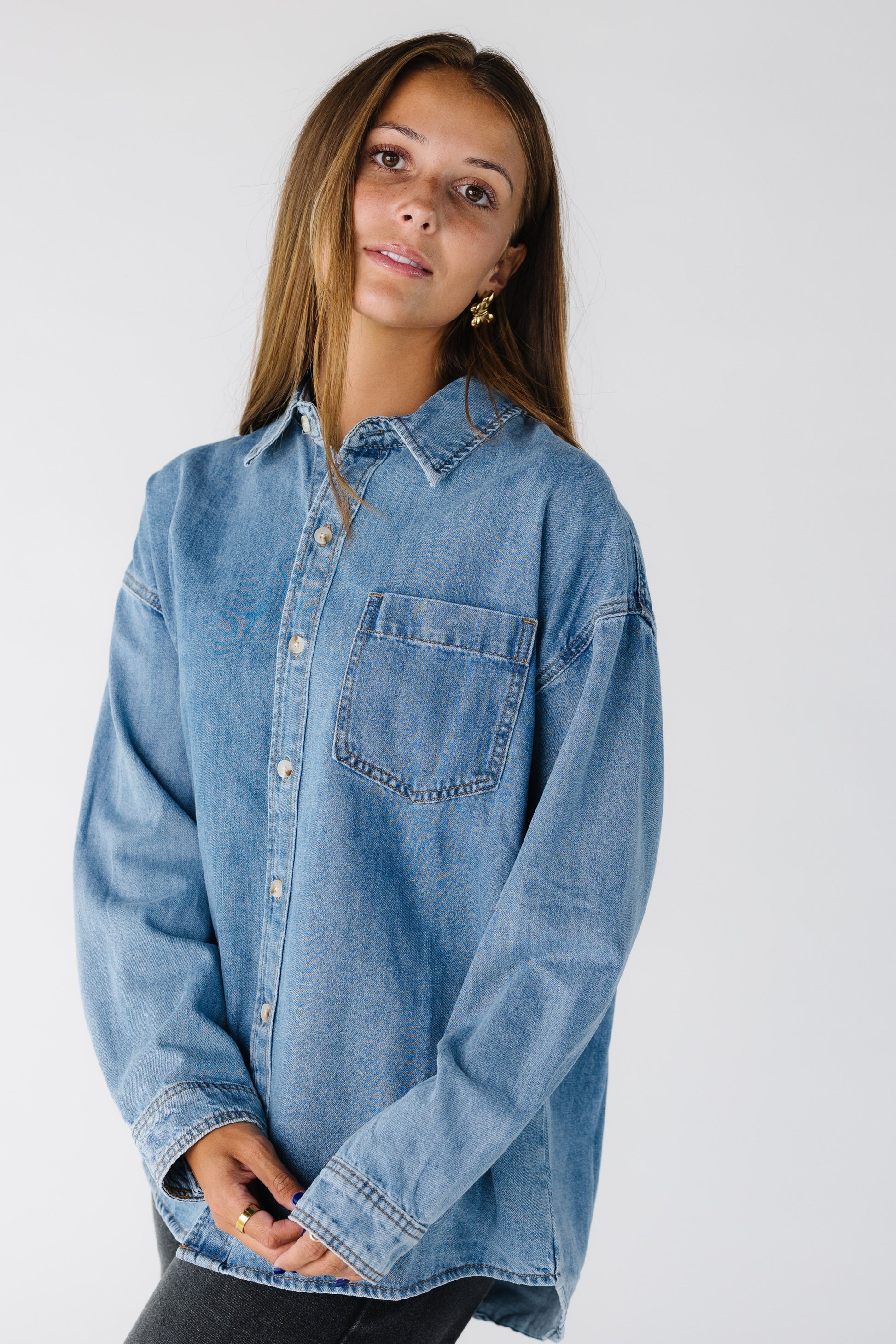 Modest women and teens button down denim shirt