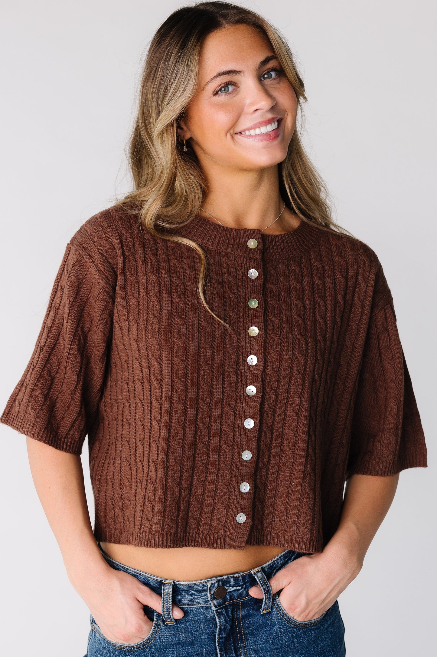 Modest brown cable knit sweater with short sleeves