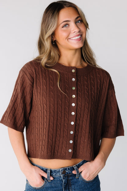 Modest brown cable knit sweater with short sleeves