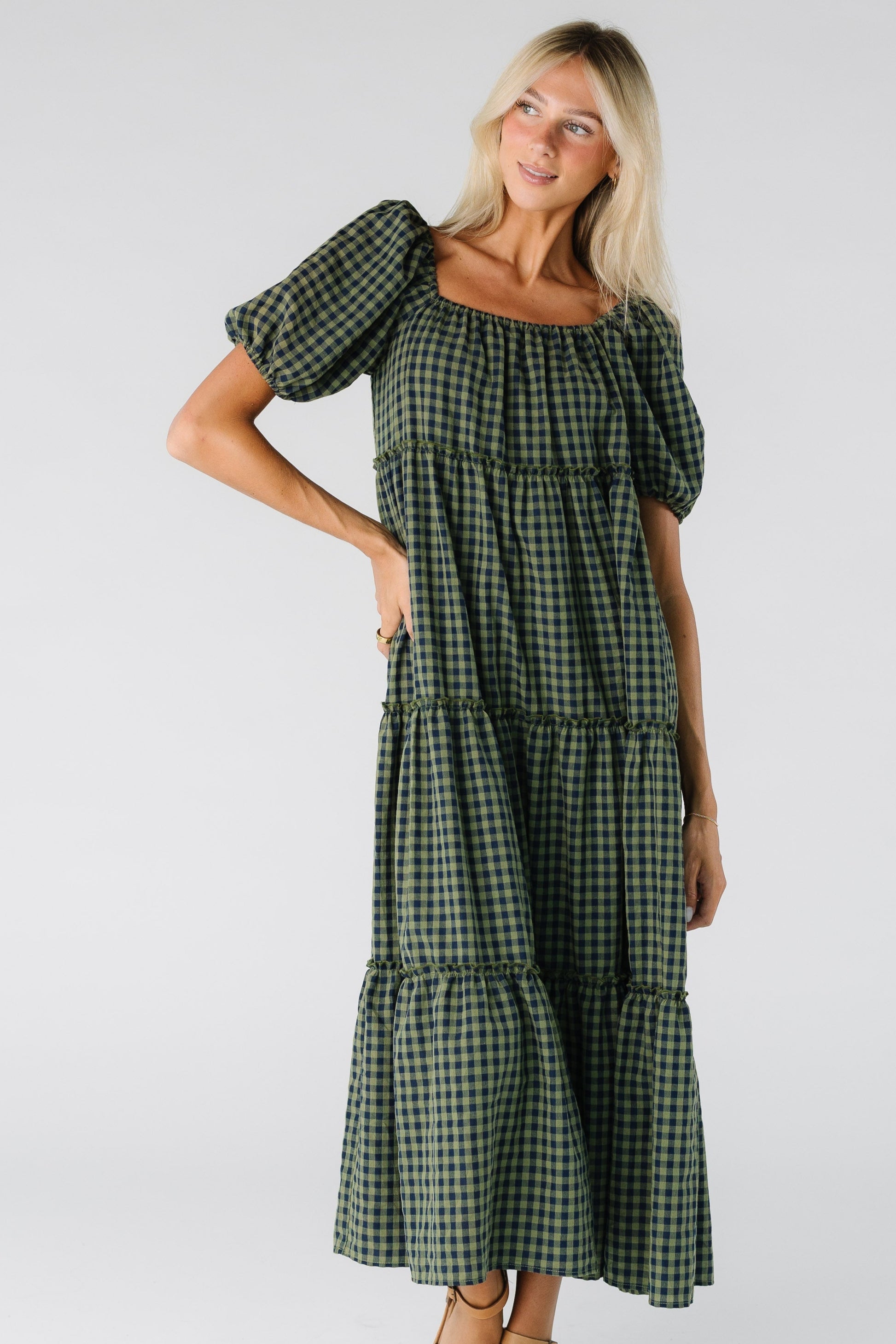 Modest women and teens green and navy gingham midi dress