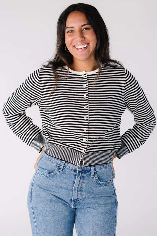 Modest women and teens button down cardigan in black and white stripe