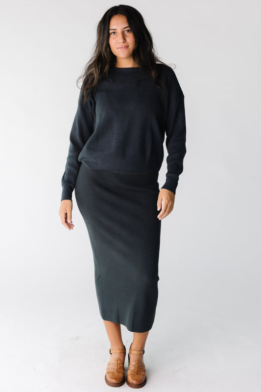 Textured Waffle Sweater Skirt Set for women and teens in navy