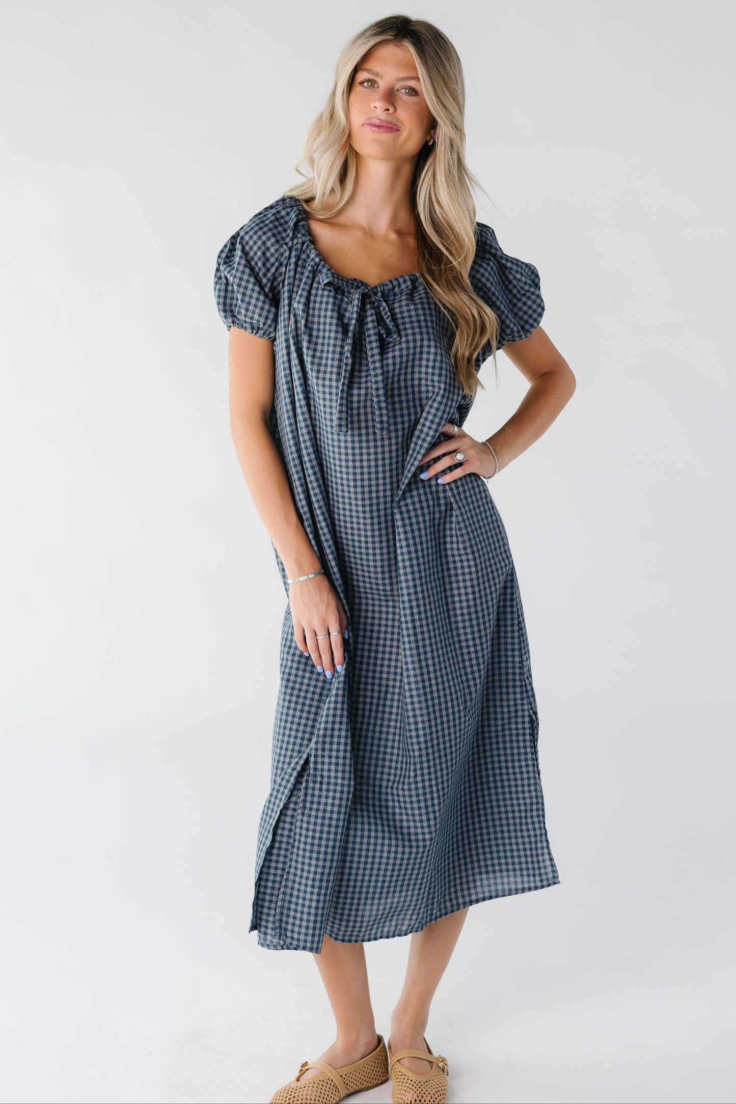 Brass & Roe Gingham Bow Dress for women in blue gingham 