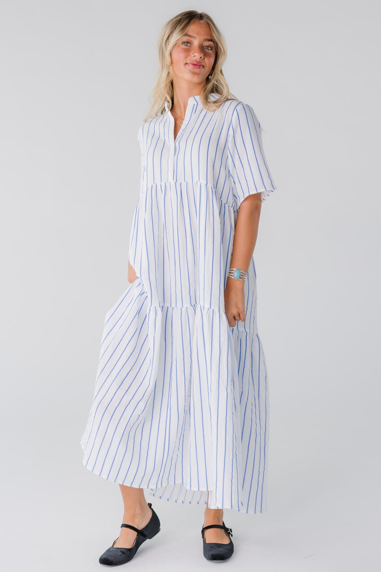 Modest women's petite midi dress in white and blue stripe