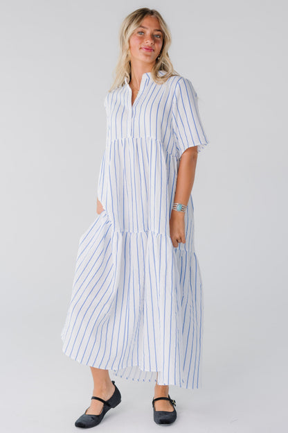 Modest women's petite midi dress in white and blue stripe