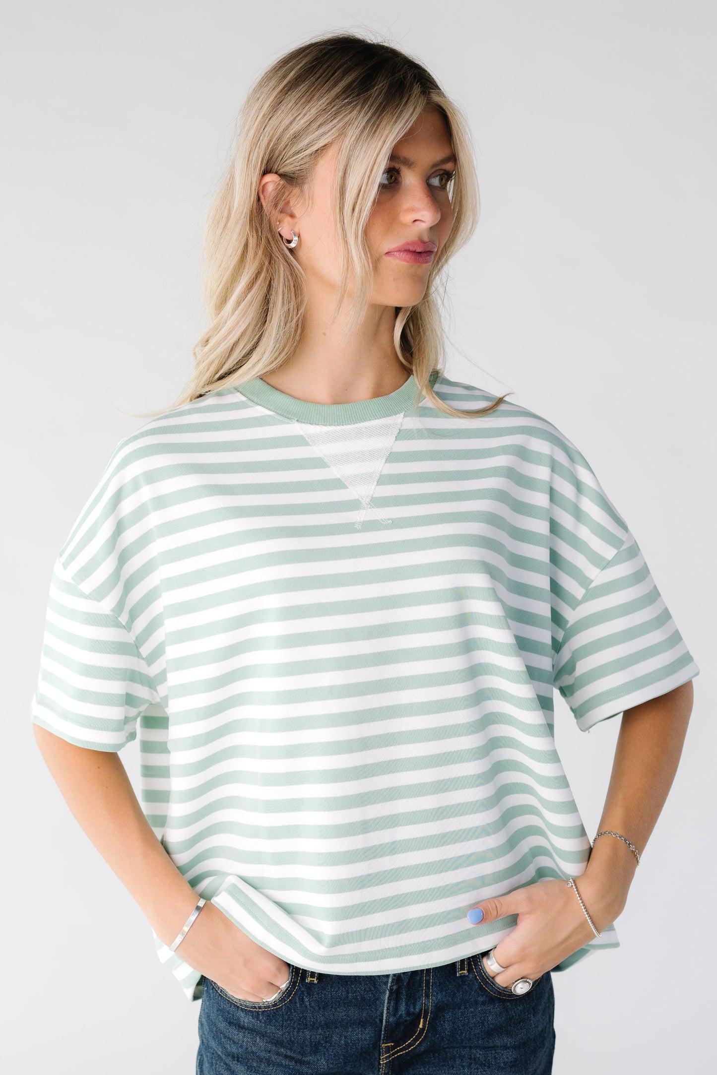 Tori Striped Boxy Tee for women and teens in mint and white stripe