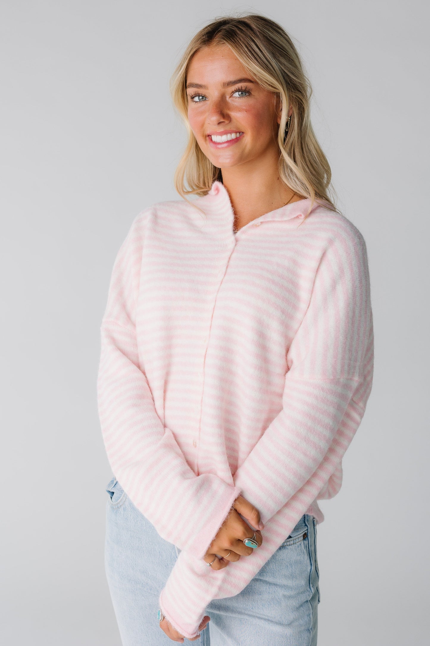 Aria New Stripe Cardigan WOMEN'S CARDIGAN Things Between Light Pink S 