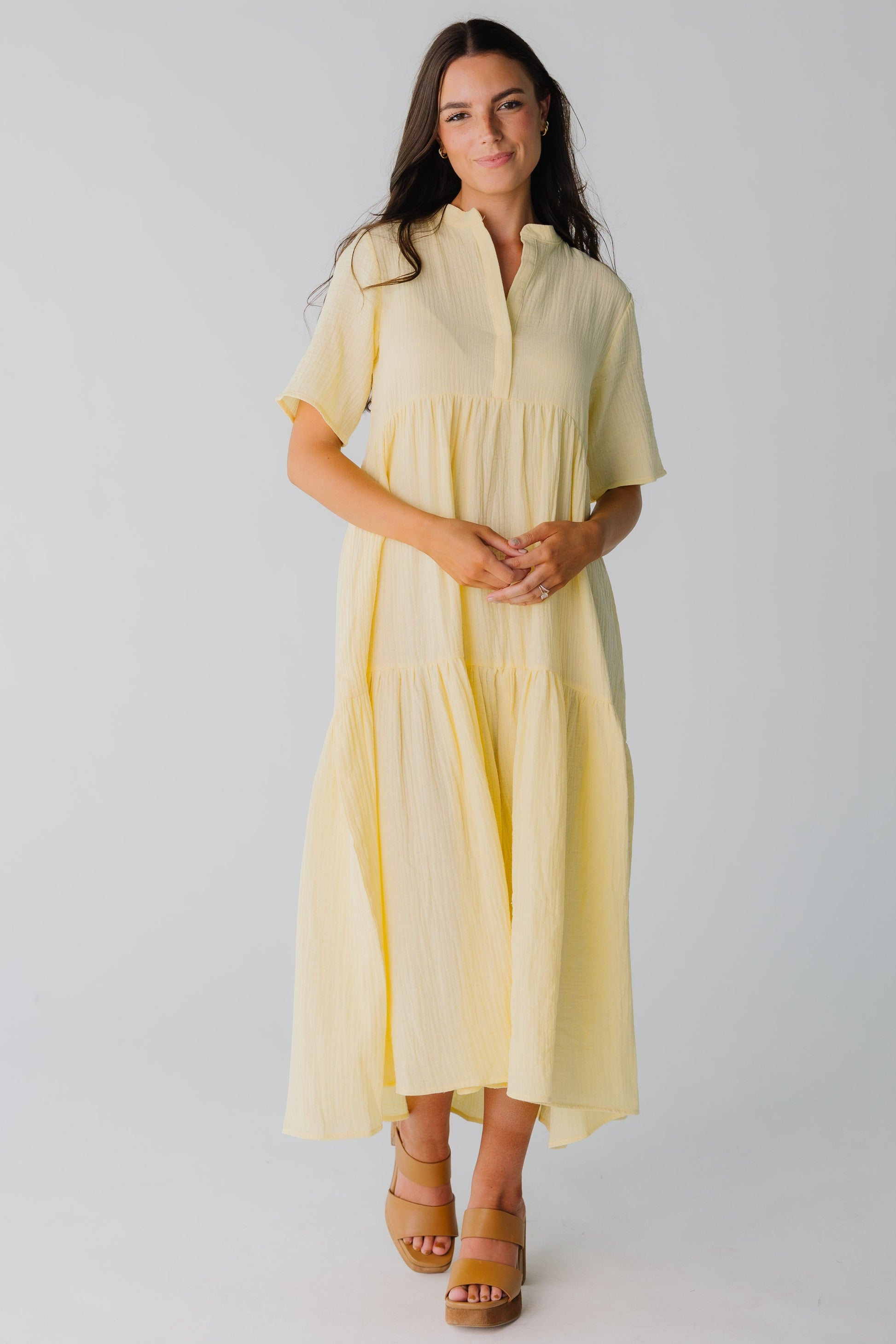 Brass & Roe Modest Pondering Gauze Straight Sleeve Dress Lt Yellow / XS Brass & Roe Modest Pondering Gauze Straight Sleeve Dress Lt Yellow / XS