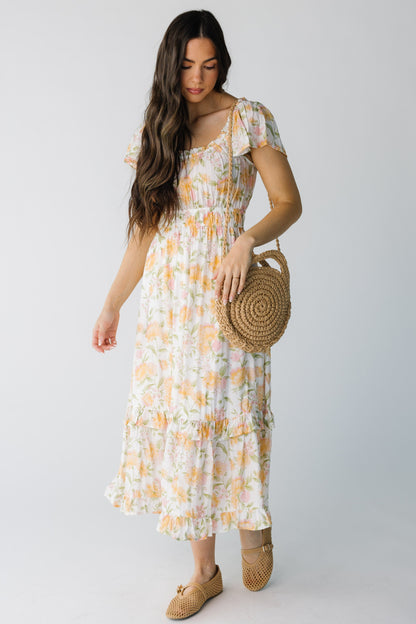 Modest yellow floral midi dress with wide bottom ruffle