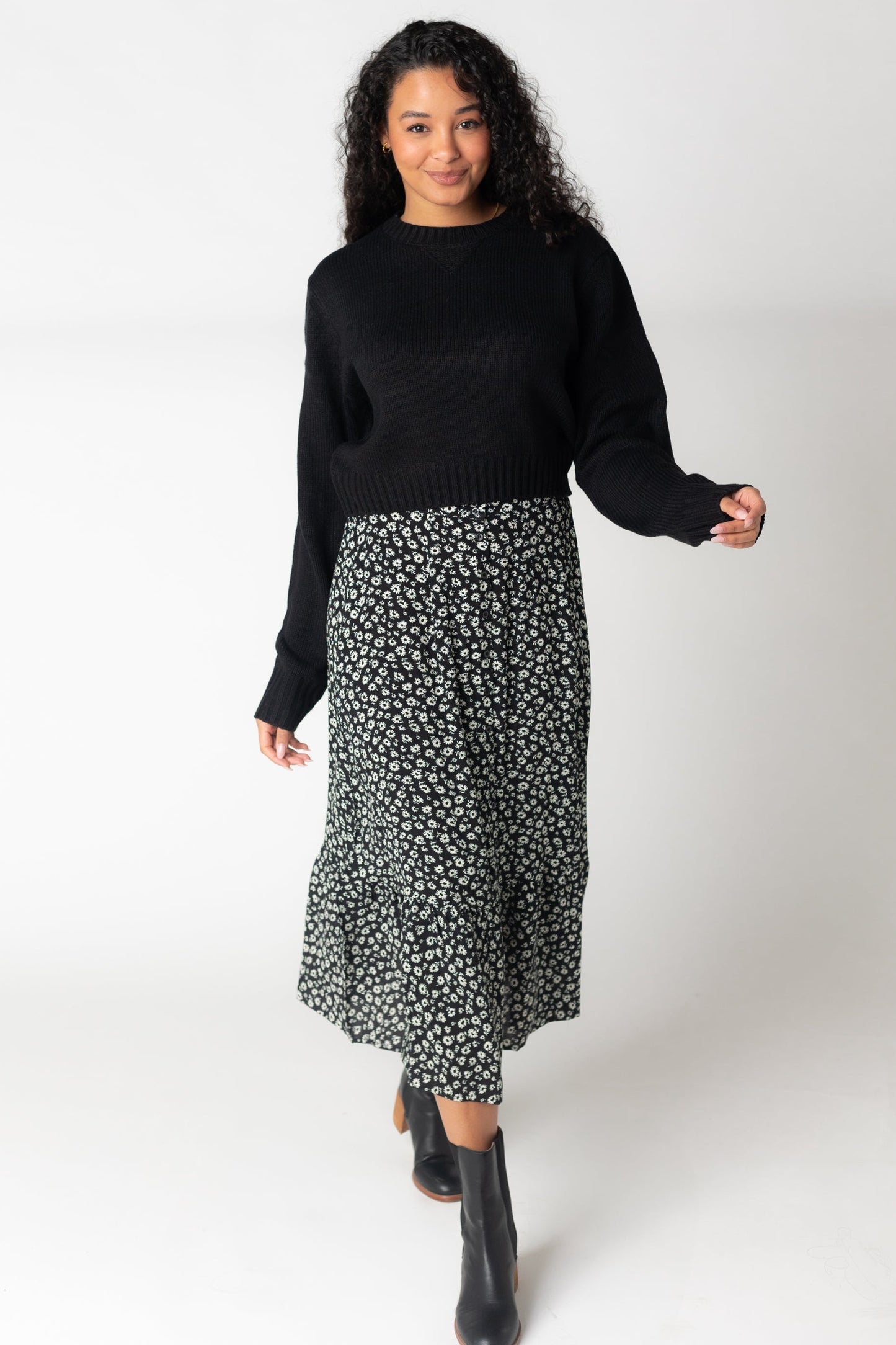 Brass & Roe Next Day Button Down Midi  Skirt in black and white floral print