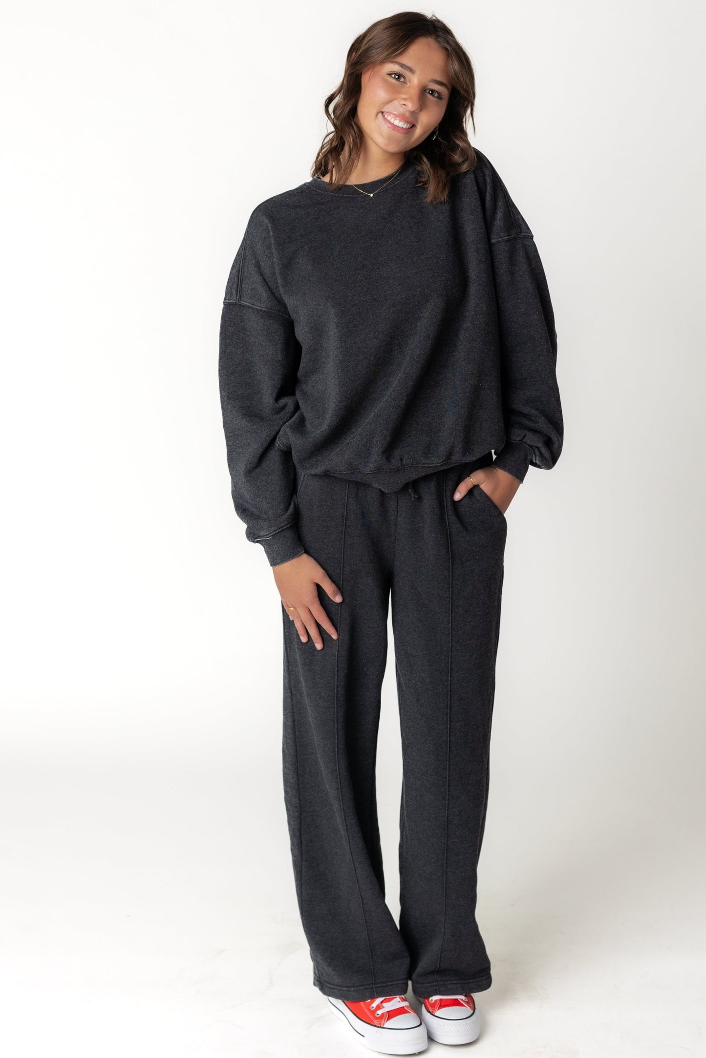 Black long sleeve sweat set with wide leg bottoms