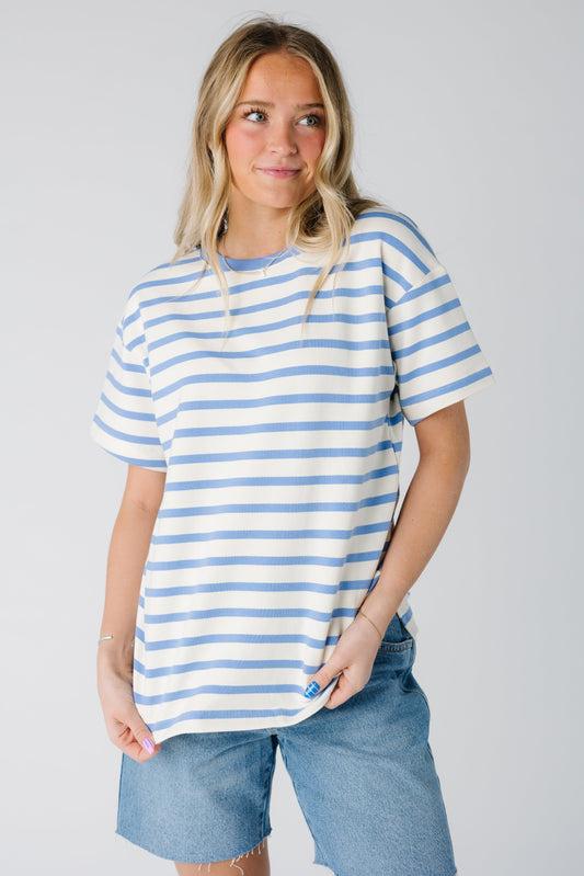 Rosey Stripe Knit Top in ivory and blue stripe