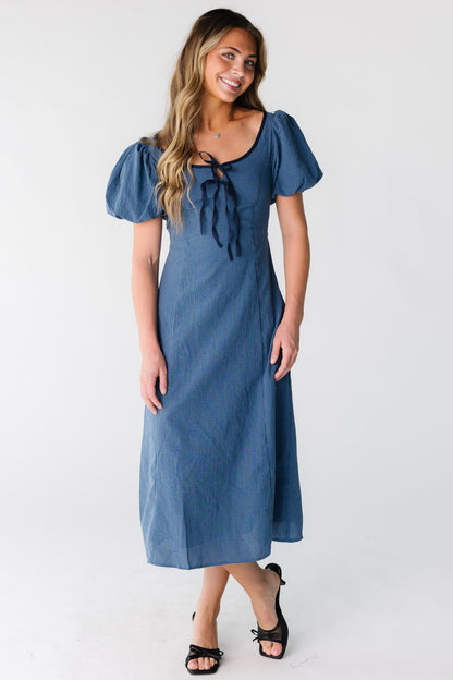 Modest women and teens gingham dress with a scoop neckline and short puff sleeves