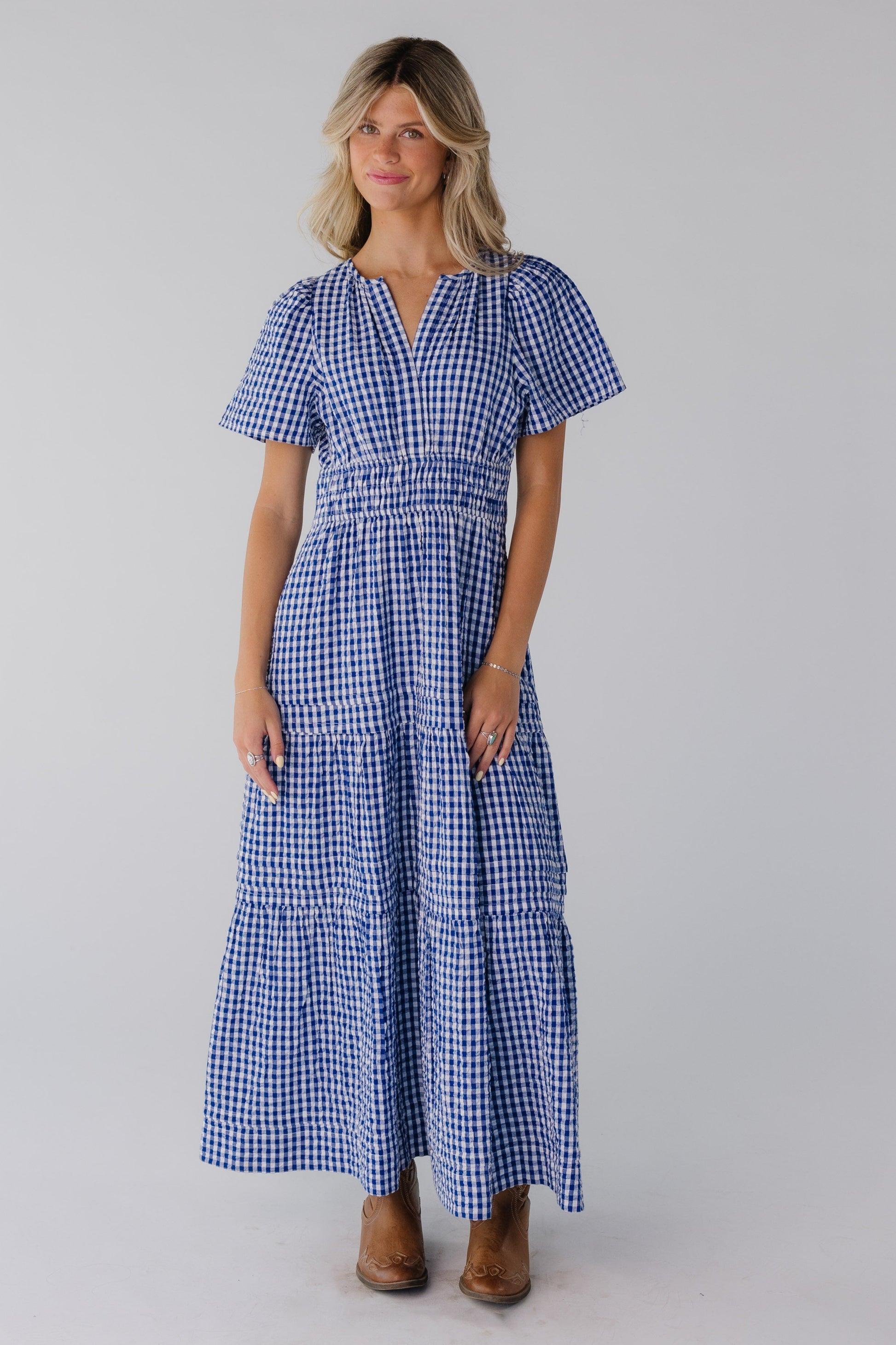 Blue gingham maxi with V-neckline 
