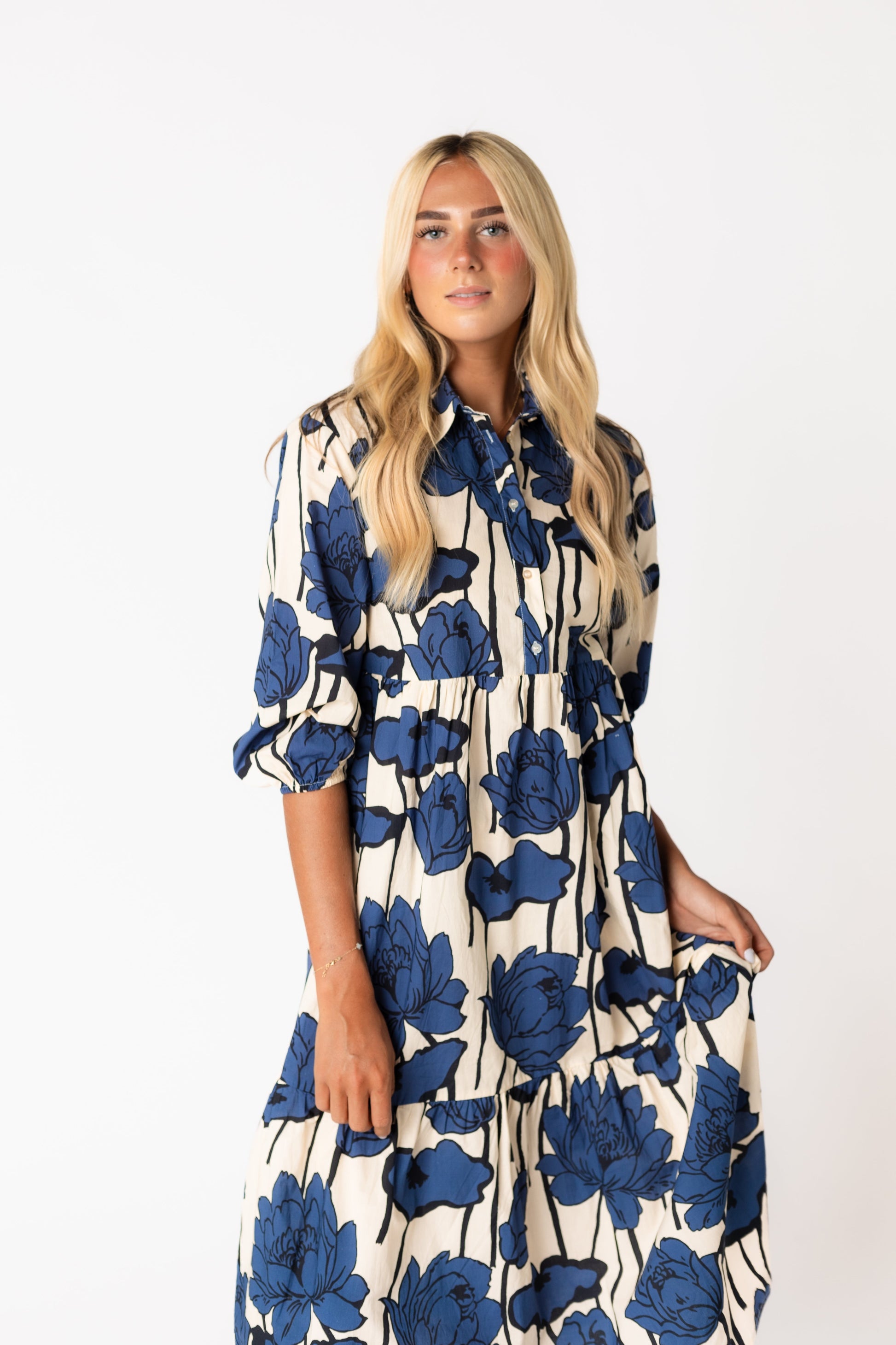 Bold print dress with button down bodice