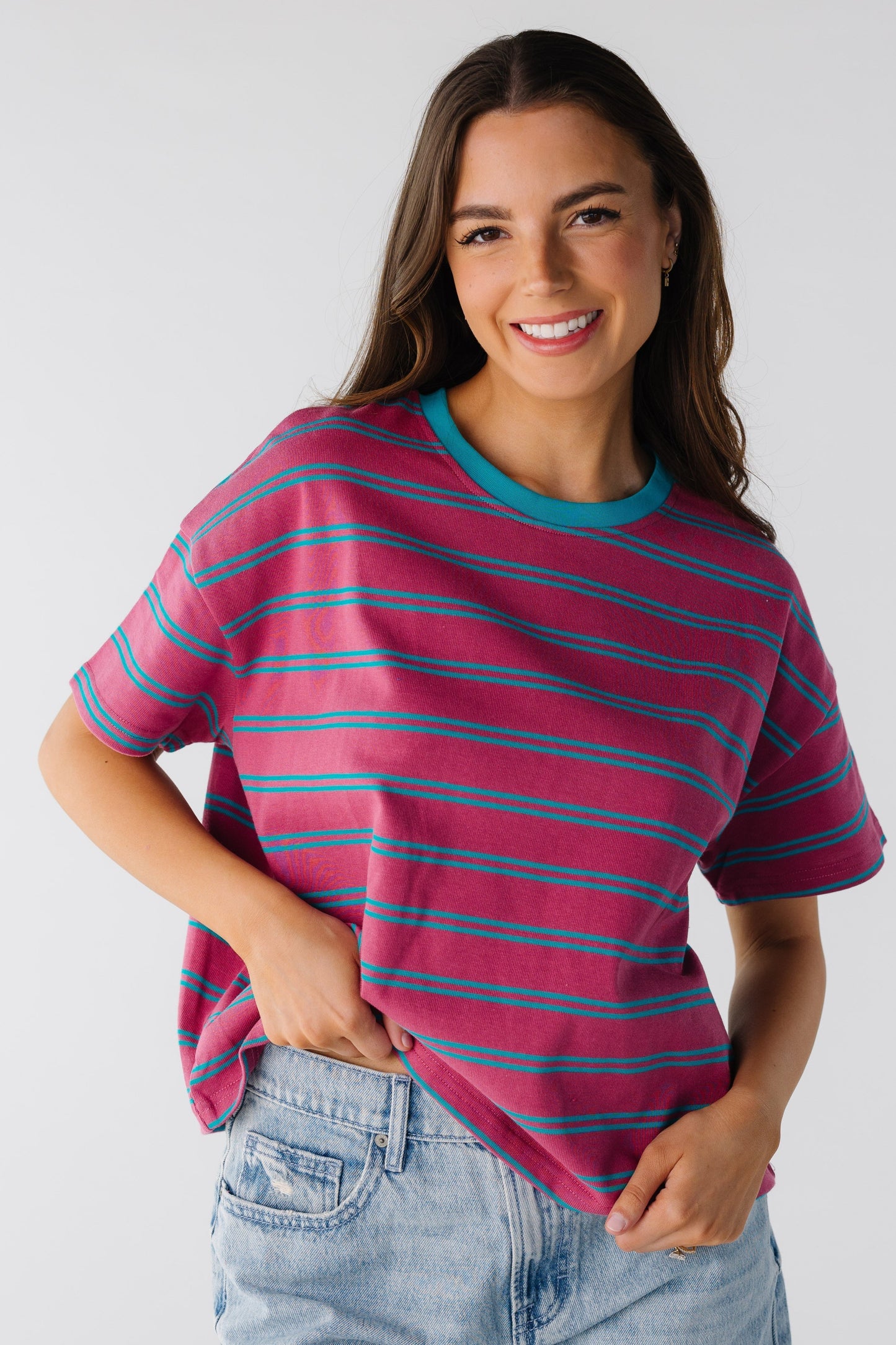 Striped Boxy Tee in Berry and teal stripe