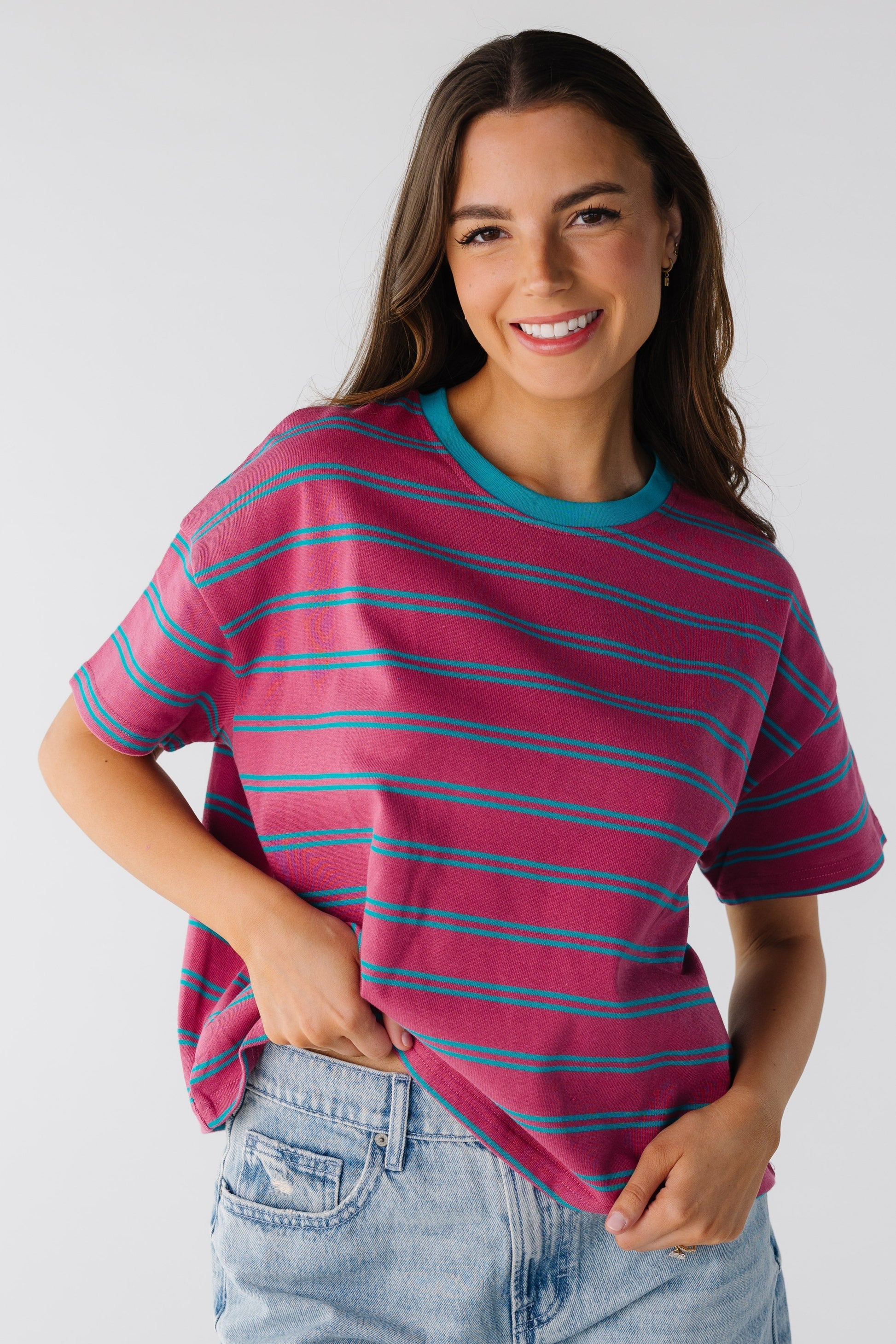 Striped Boxy Tee in Berry and teal stripe