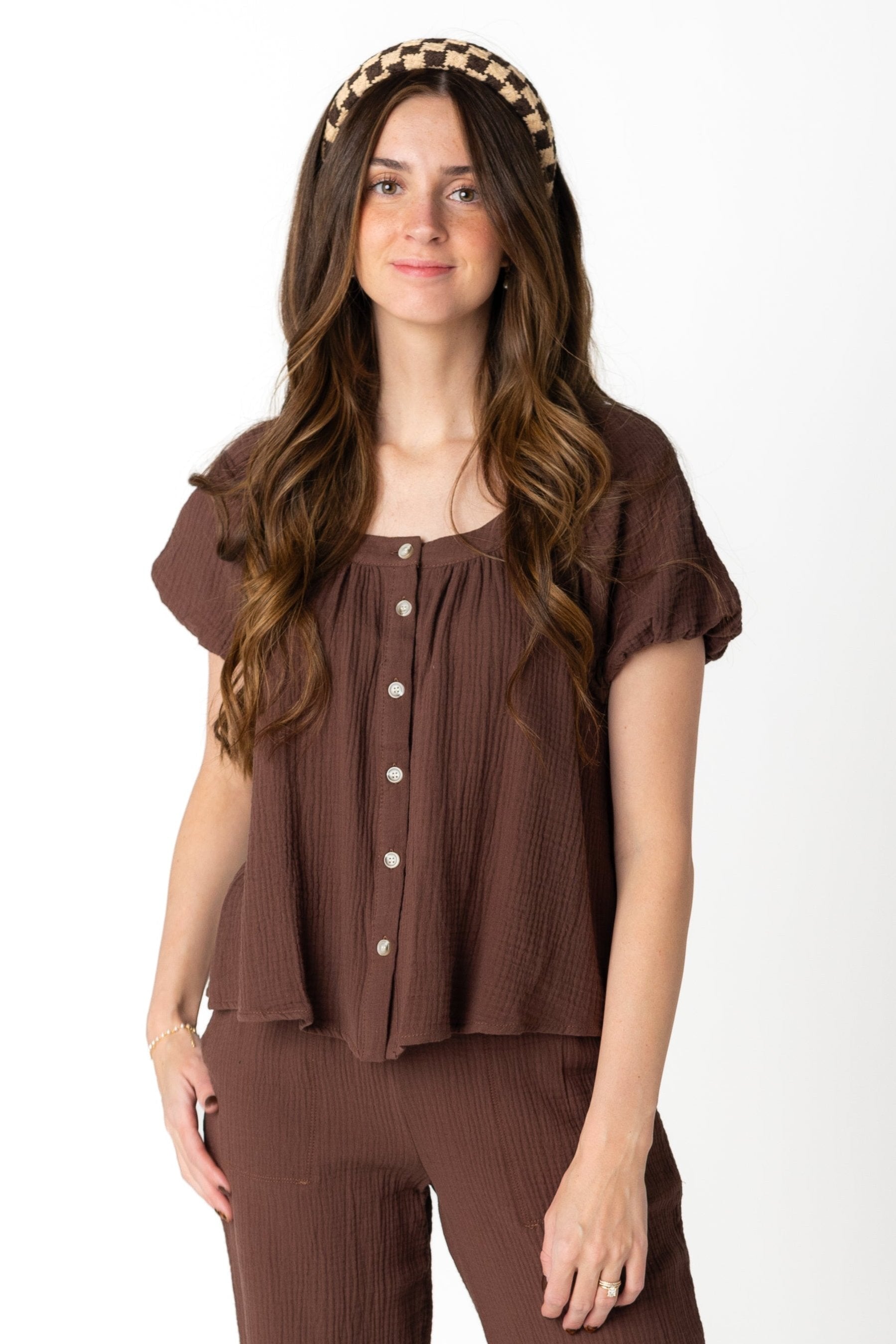 Modest brown gauzy short sleeve top