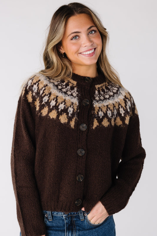 Vintage Fair Isle Cardigan for women and teens in brown