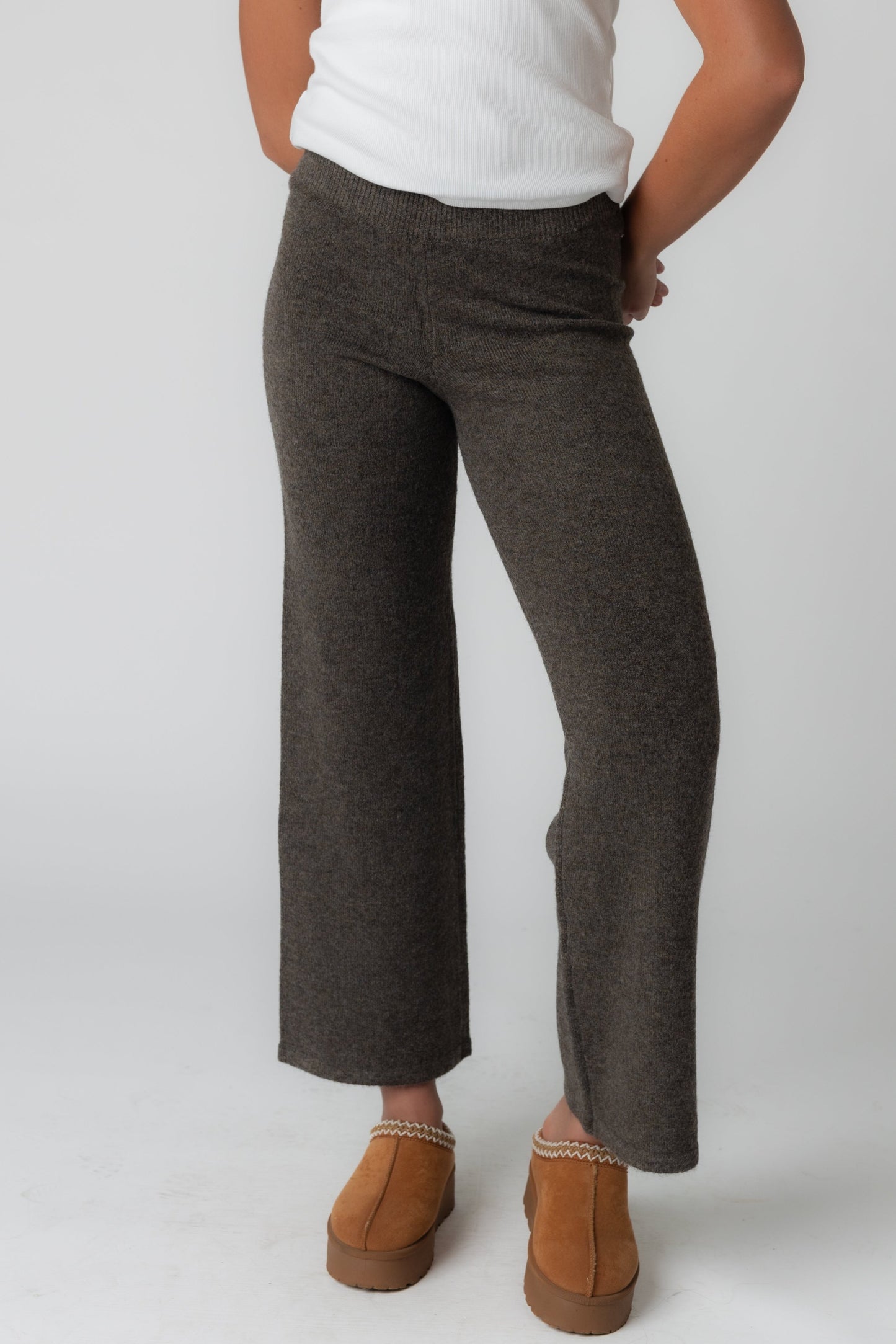 Soft ankle length sweater pant with wide leg in charcoal