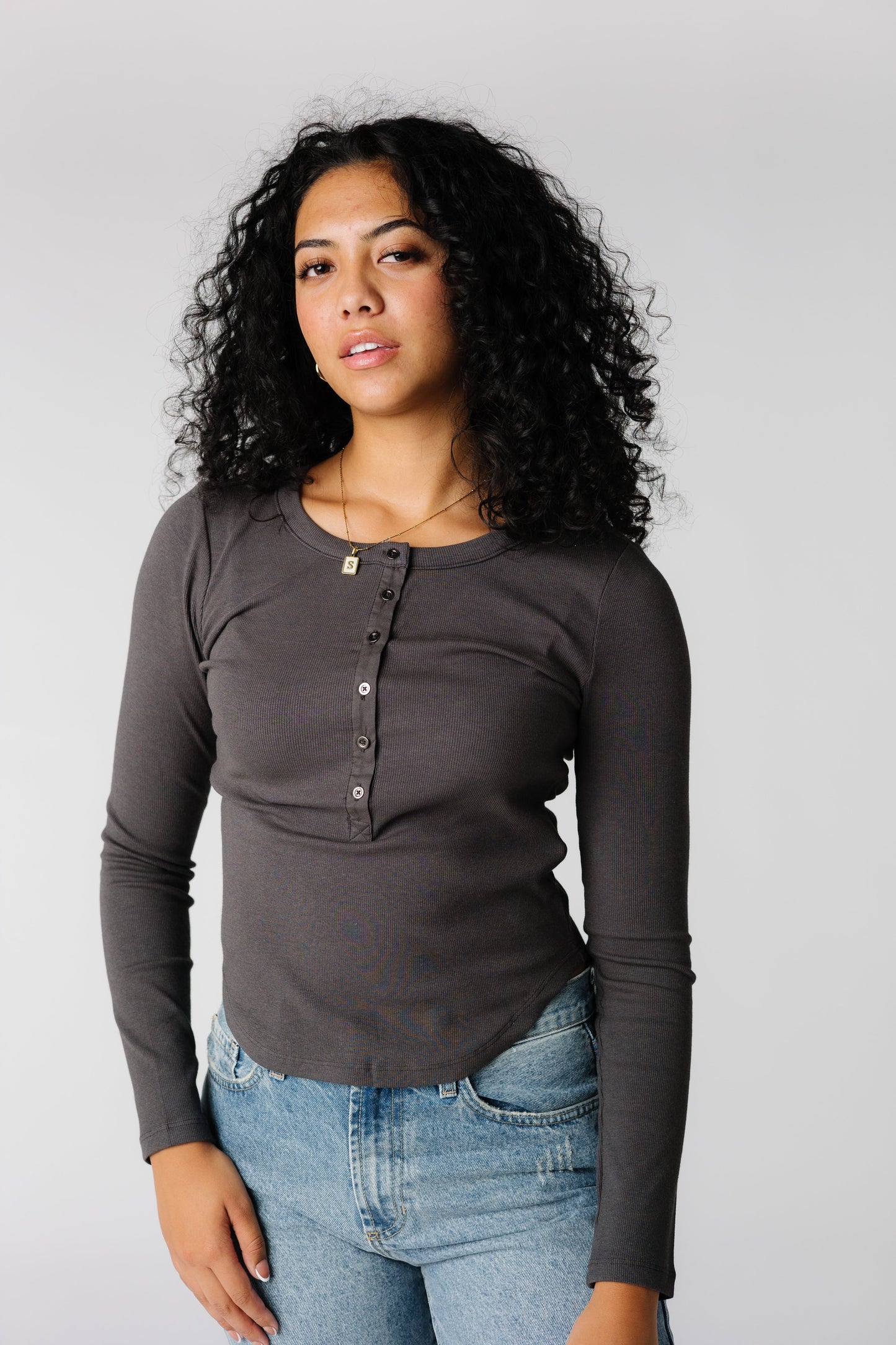 Modest Henley style charcoal top with round neckline and long sleeves