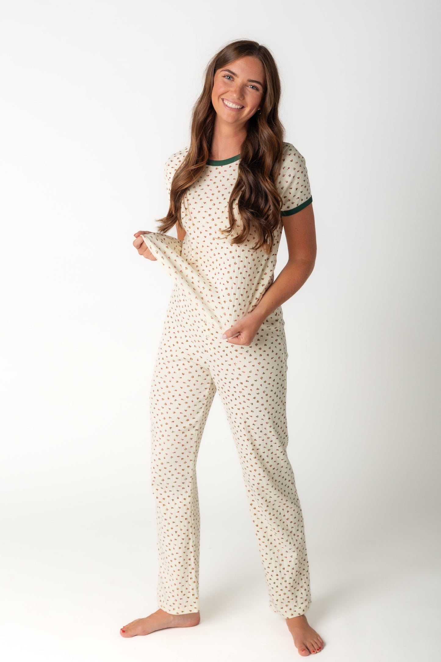 Floral two piece knit pajamas in cream