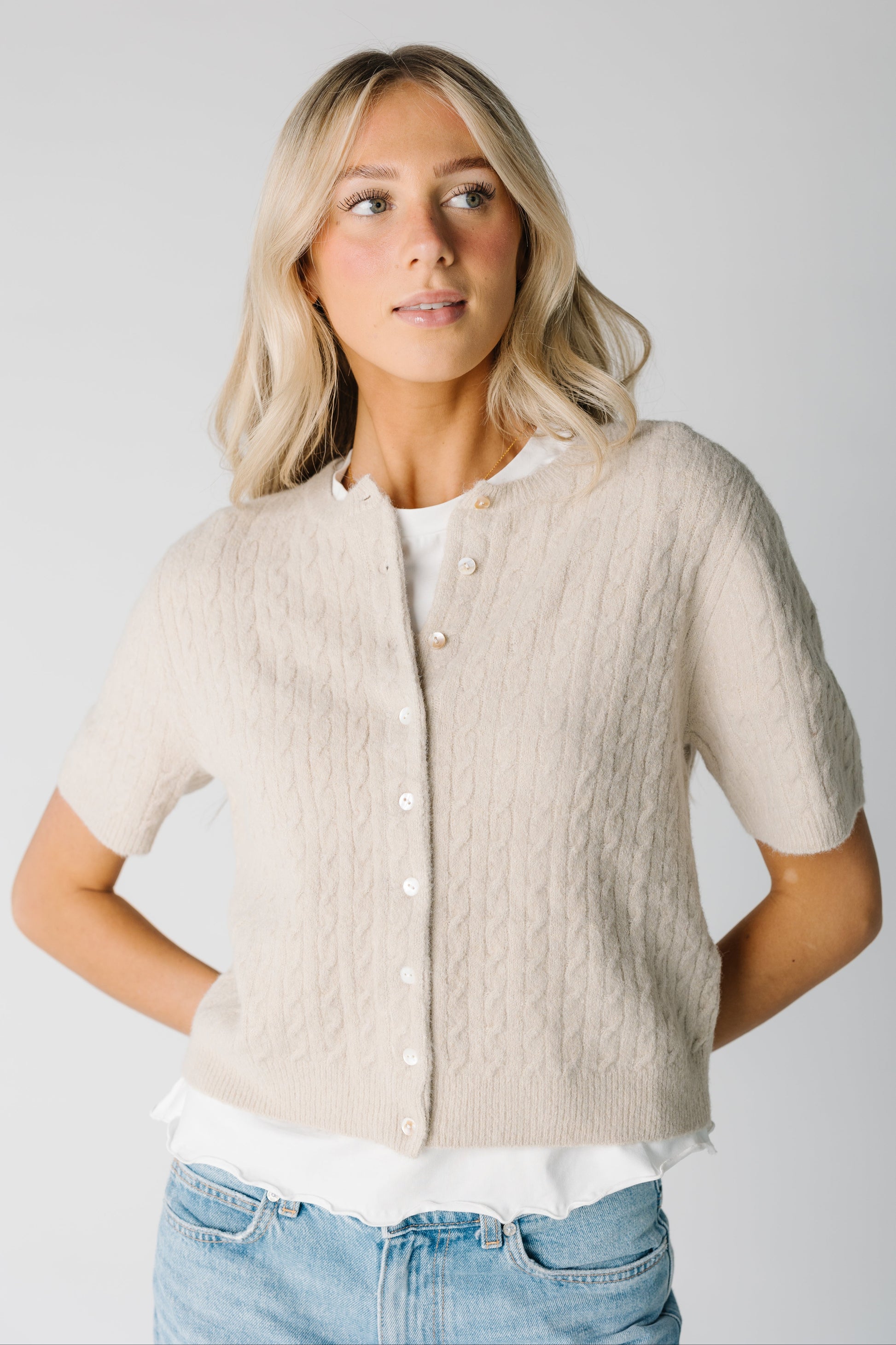 Lucy Cable Knit Short Sleeve Cardigan in tan